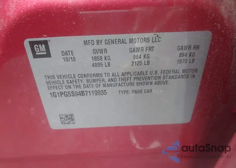 2011 Chevrolet Cruze 2Lt из США, поврежденный, VIN 1G1PG5S94B7119935